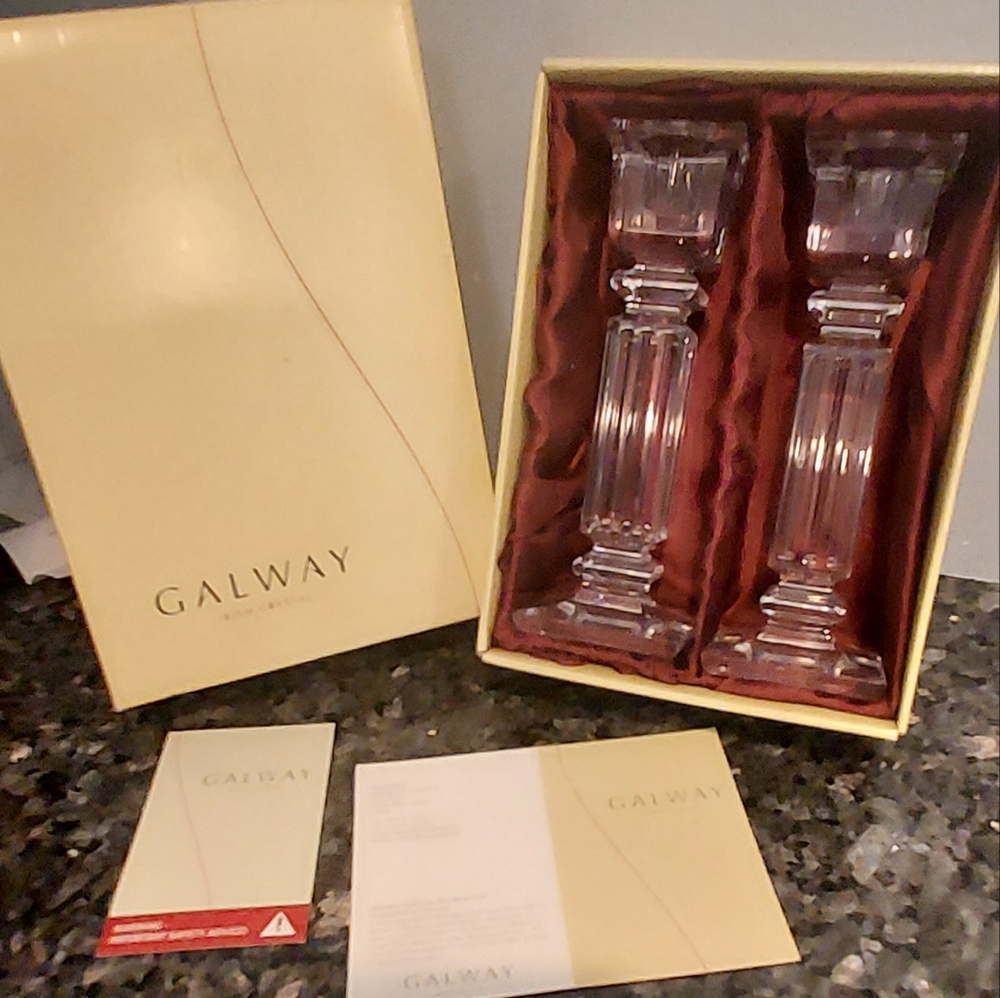 Galway Irish Crystal Column Candlesticks Pair Dinner Table Elegant 7" Box